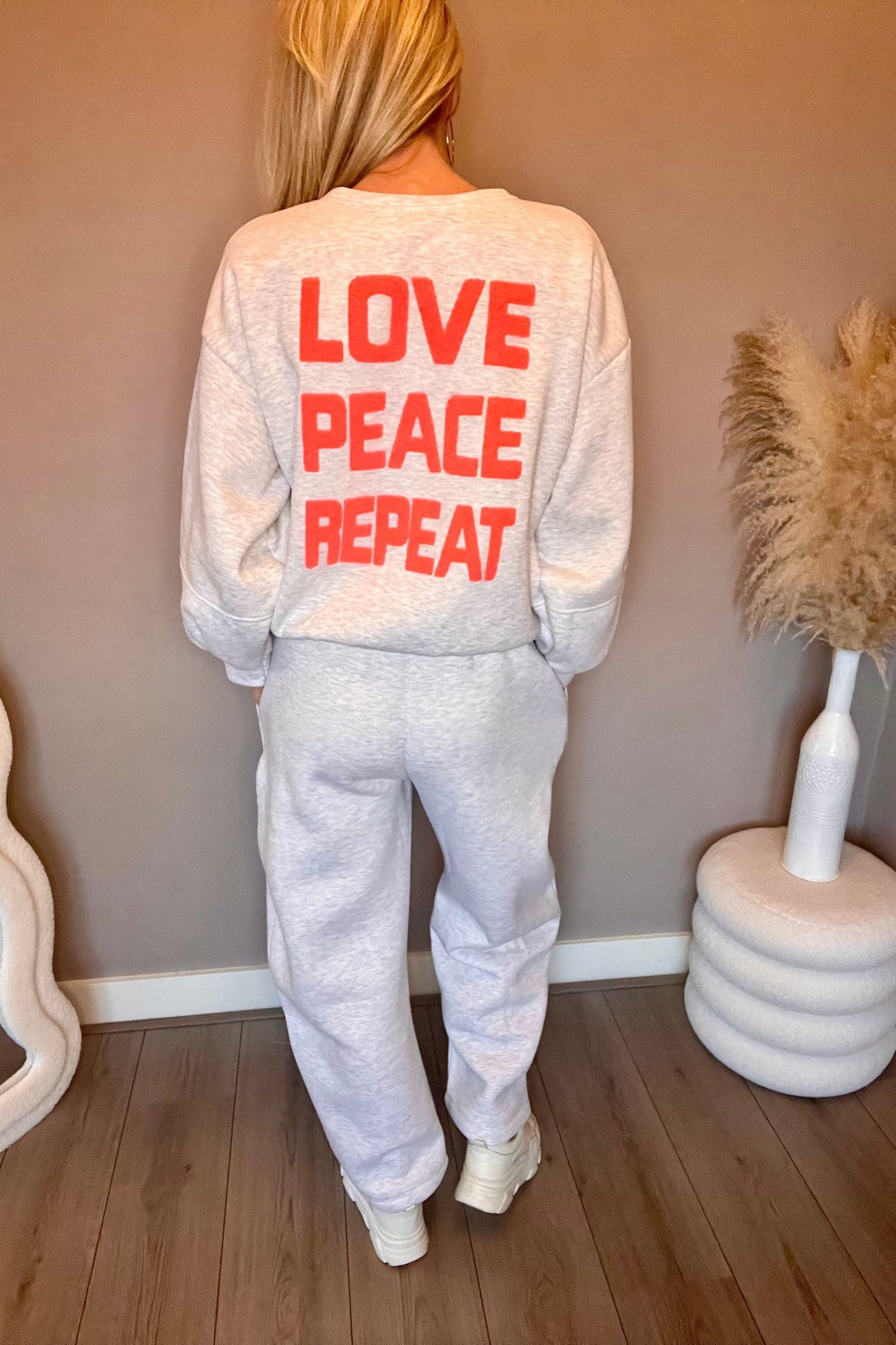Love Peace Repeat Sweater Grey/Coral